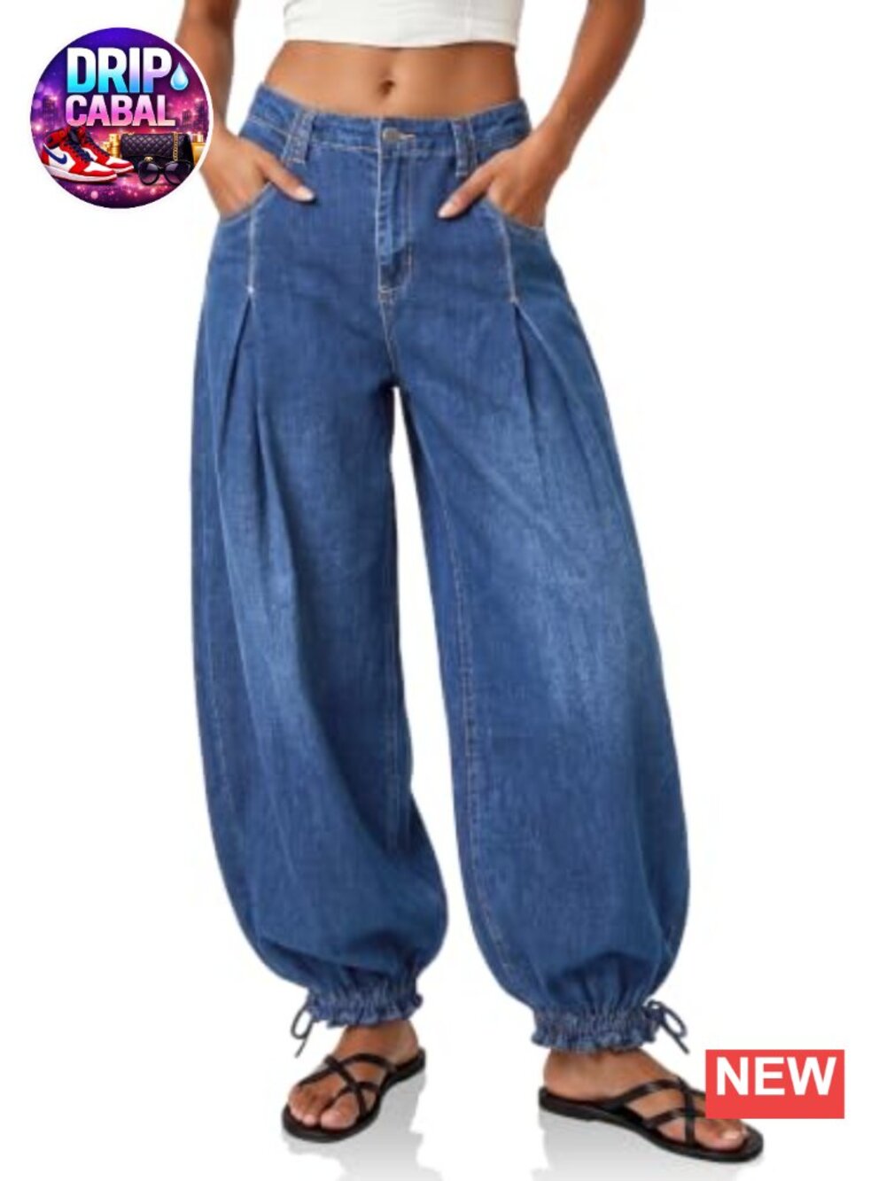 Cotton Blend High Waisted Balloon Pleated Wide Leg Jeans with Drawstring Cuffs